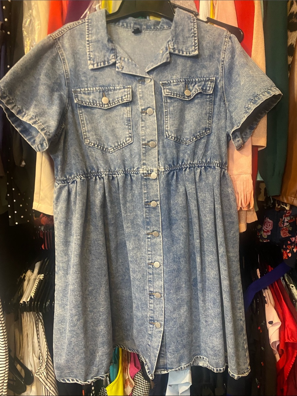 SHEIN Light Blue Short-Sleeve Denim Dress with Front Buttons
